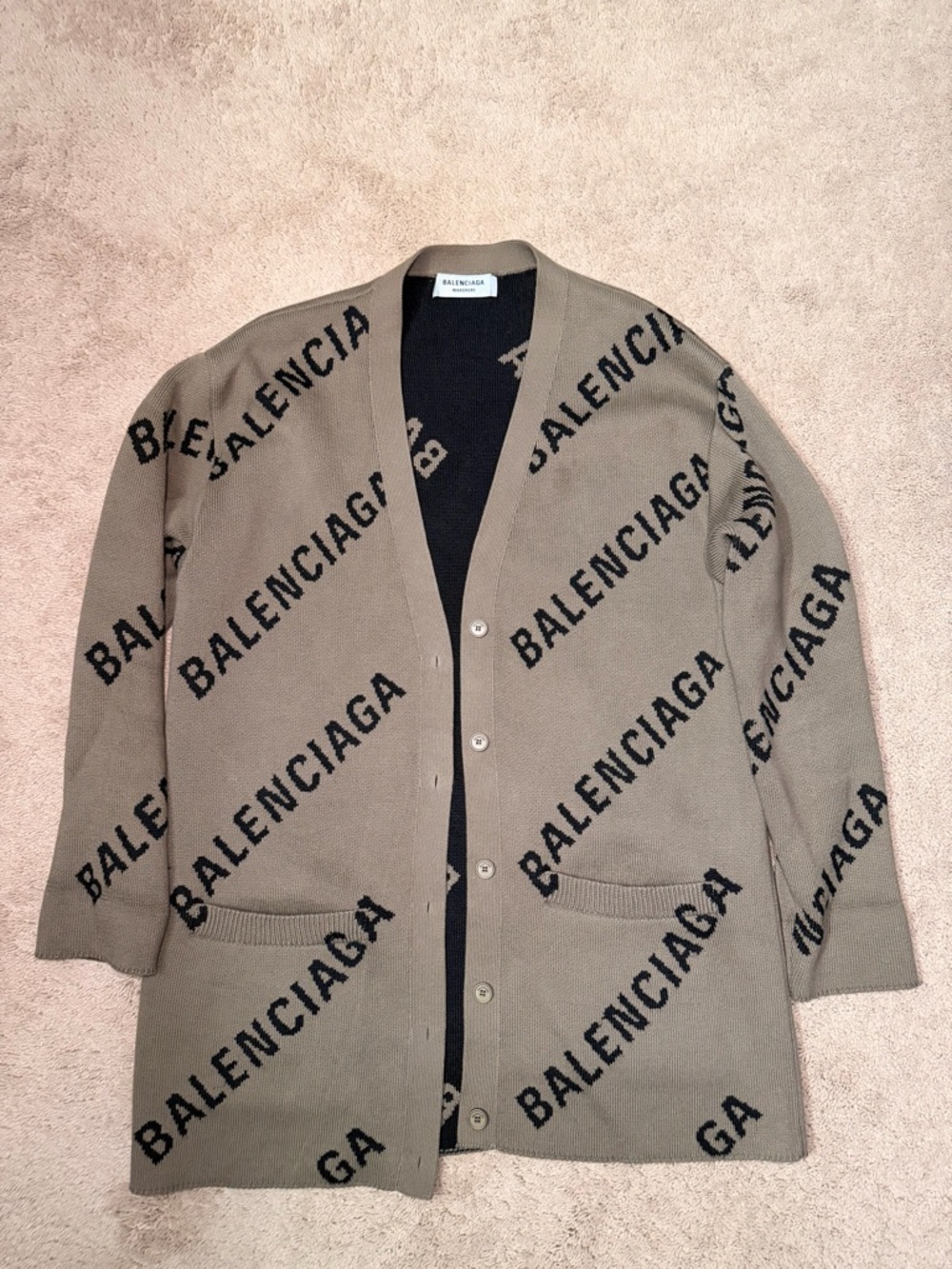 Balenciaga Taupe Cardigan with Black Logo Print
